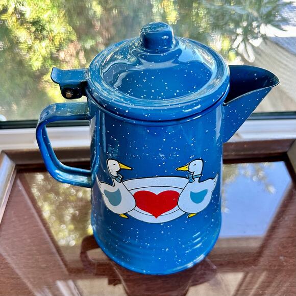 Vintage Tres Troquelles Blue Enamelware Coffee Pot White Spatter Folk  art 1970s - Picture 8 of 13